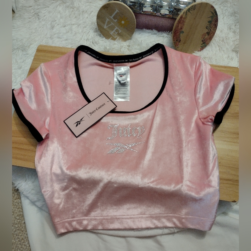 Juicy Couture 🩷 ✨ x Reebok Pink Velvet Baby Tee Women's Size Small 🆕